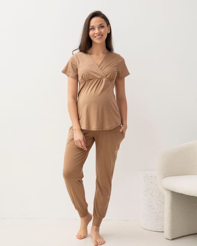 Angel Maternity 2-Piece Kyra Maternity Loungewear/Sleepwear PJ set - Taupe