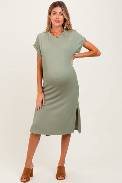 Rhea + Thea Olive Ribbed Short Sleeve Maternity Midi Dress