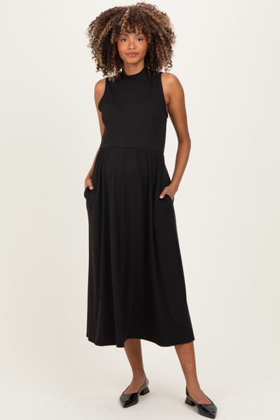 West K Black Ribbed Mock Neck Sleeveless Maternity Midi Dress