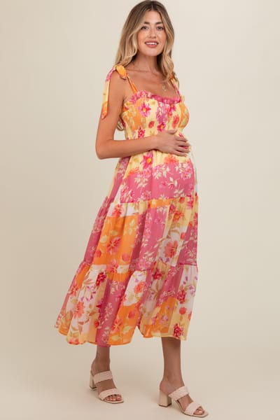 PinkBlush Ivory Floral Smocked Tiered Maternity Midi Dress