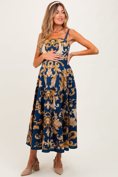 PinkBlush Dark Teal Damask Sleeveless Maternity Maxi Dress