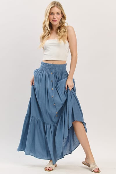 Final Touch Blue Smocked Waist Button Accent Maxi Skirt