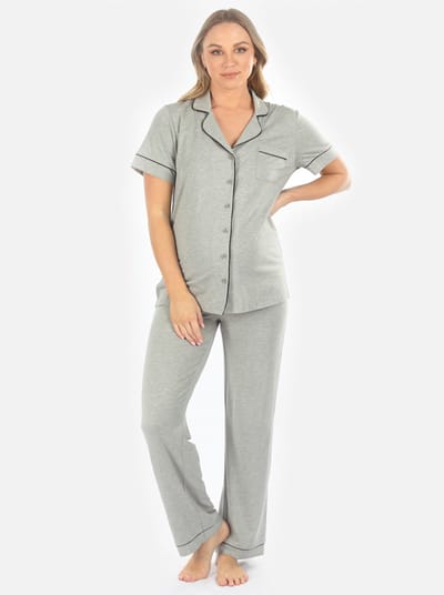 Angel Maternity Maternity and Nursing short Sleeve Pajama Set in Marl Grey Bamboo