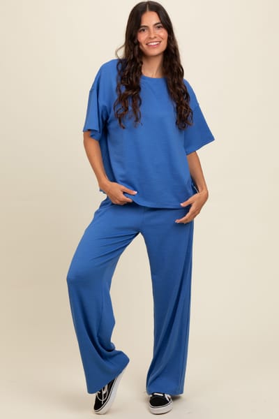 Papermoon Blue Textured Knit Oversized Tee And Pants Set