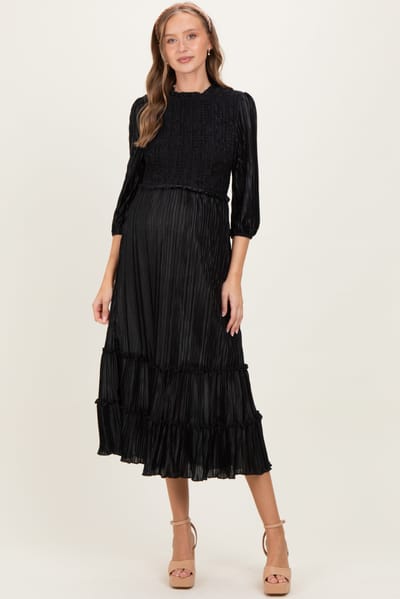 PinkBlush Black Pleated Satin Smocked Bodice Maternity Midi Dress