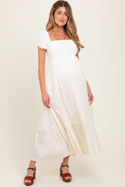In Loom Ivory Ruffle Detail Square Neck Maternity Maxi Dress