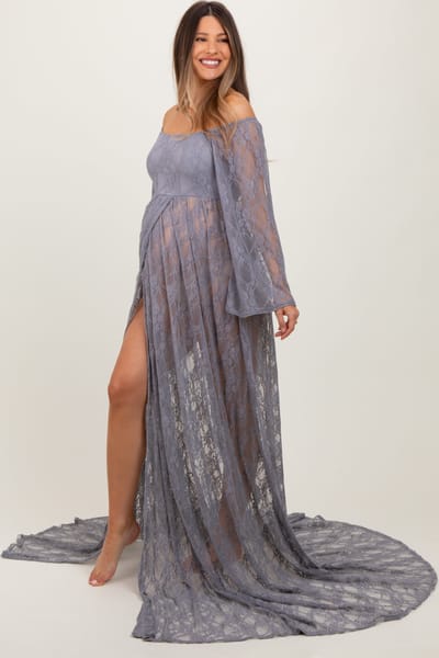 PinkBlush Gray Lace Long Sleeve Off Shoulder Slit Draped Maternity Photoshoot Dress