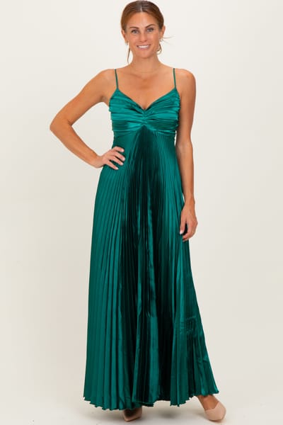 Aakaa Forest Green Pleated Satin Sleeveless Maxi Dress