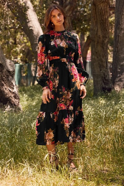 ODDI Black Floral Long Sleeve Midi Dress
