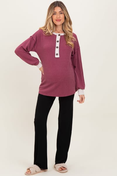 PinkBlush Burgundy Long Sleeve Contrast Button Detail Rib Maternity Top