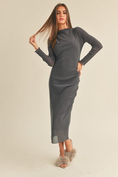MIOU MUSE Charcoal Shimmer Mesh Long Sleeve Ruched  Midi Dress