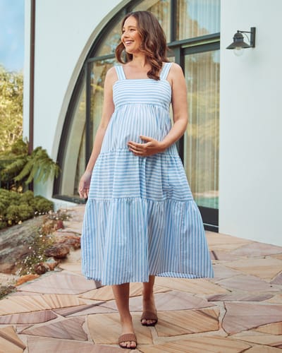 Angel Maternity Shirley Maternity Tiered Maxi Dress in Blue Stripe
