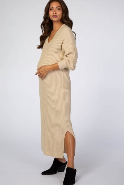 In Loom Beige V-Neck Ribbed Maternity Sweater Dress
