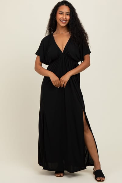 Vine & Love Black V-Neck Flutter Sleeve Side Slit Maxi Dress