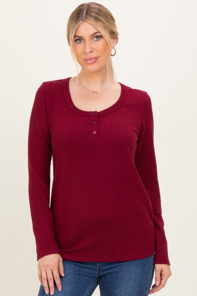 Hello Miz Burgundy Ribbed Long Sleeve Henley Top
