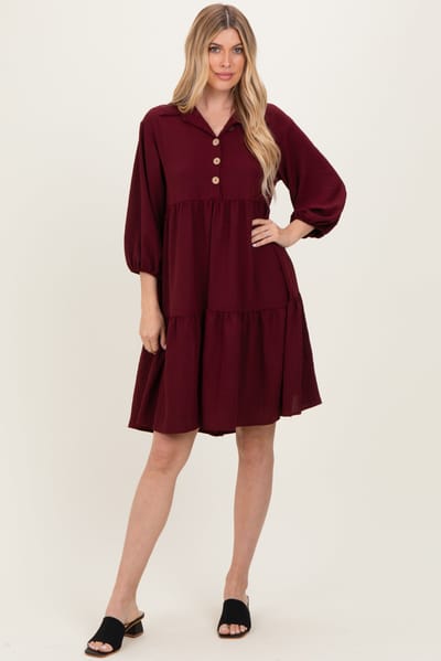 Rhea + Thea Burgundy Long Sleeve Button Down Collared Tiered Dress