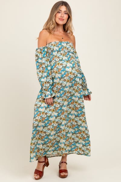 PinkBlush Deep Teal Floral Print Off Shoulder Smocked Maternity Maxi Dress