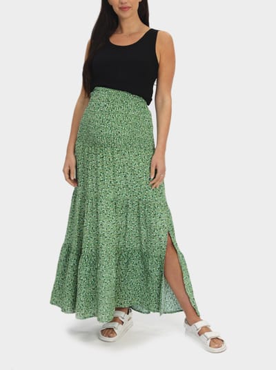 Angel Maternity Strapless Maternity Shirred Maxi Dress in Green Floral Print