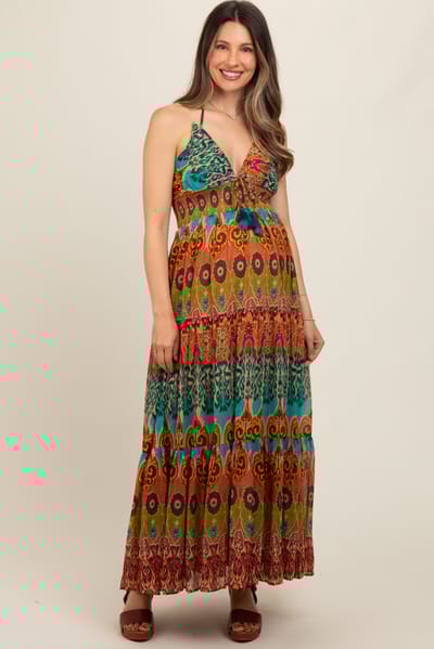 Dress Forum Green Damask Halter Maternity Maxi Dress