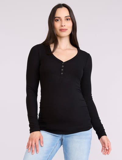 Motherhood Maternity Side Ruched Long Sleeve Henley Maternity Rib Tee