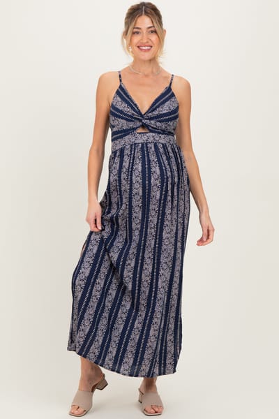 Angie Navy Floral Stripe Twisted Front Maternity Maxi Dress
