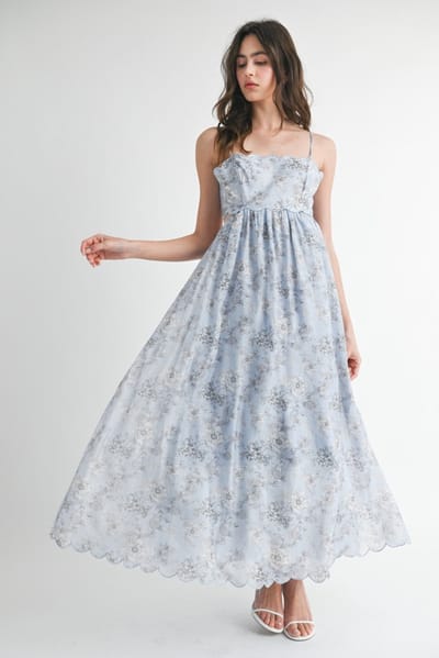 Mable Blue Floral Scallop Edge Back Cutout Maxi Dress