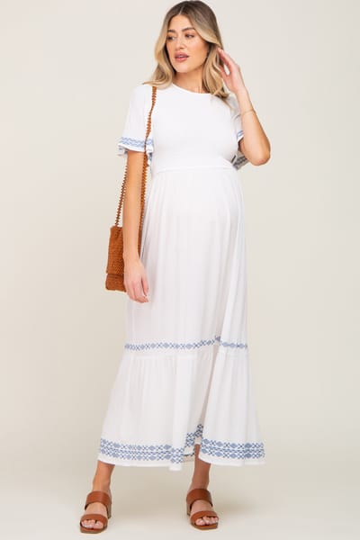 In Loom White Embroidered Accent Maternity Maxi Dress