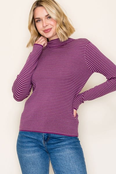 Staccato Plum Pinstriped Mock Neck Knit Top