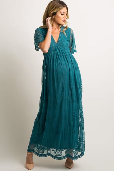 PinkBlush PinkBlush Teal Lace Mesh Overlay Maternity Maxi Dress