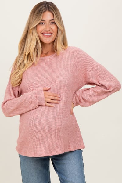 Heimish Mauve Puff Sleeve Solid Maternity Sweater Top