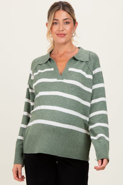 By Together Light Olive Striped Oversized Polo Maternity Sweater