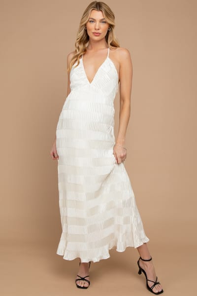 Fore Collection Cream Satin Plisse V-Neck Maternity Maxi Dress