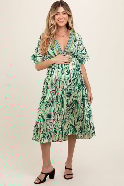 Umgee Green Embroidered V-Neck Short Pom Sleeve Maternity Midi Dress