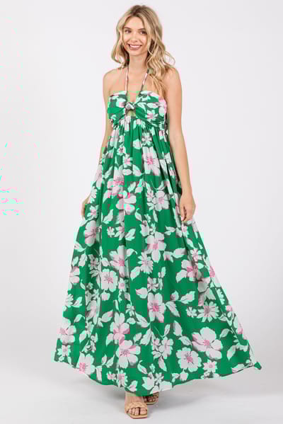 Vanilla Bay Green Floral Halter Neck Maxi Dress
