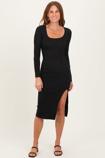 Popular 21 Black Knit Square Neck Slit Midi Dress
