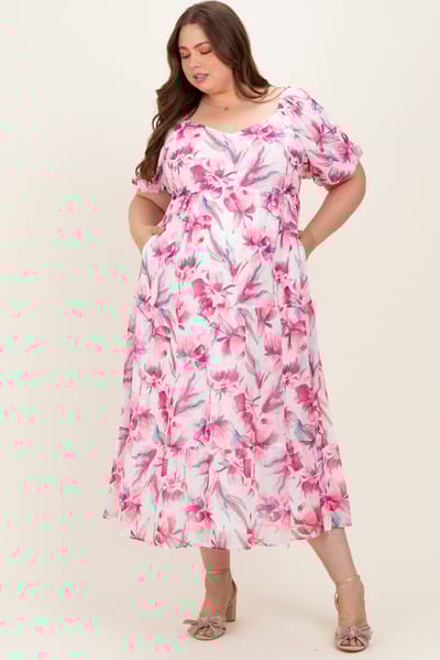 Polagram Pink Floral Chiffon Puff Sleeve Maternity Plus Midi Dress