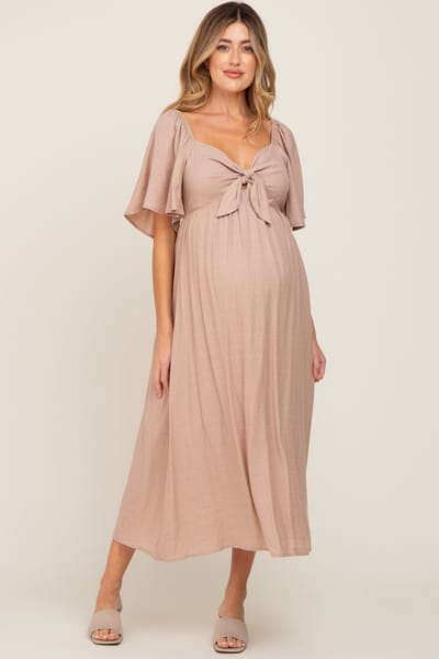 PinkBlush Mocha Front Tie Ruffle Sleeve Maternity Midi Dress