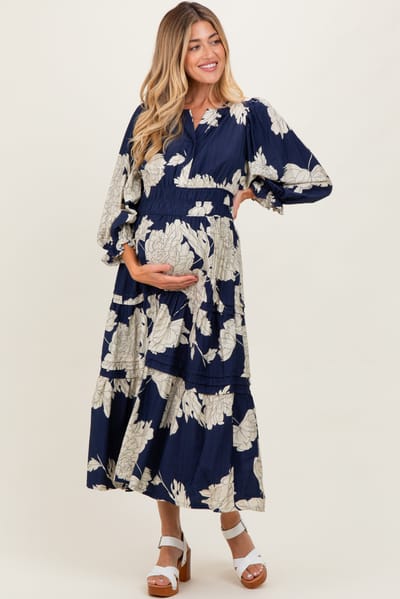 PinkBlush Navy Floral Long 3/4 Sleeve Tiered Maternity Midi Dress