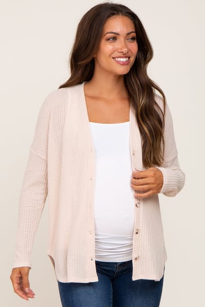 La Miel Beige Waffle Knit Button Down Maternity Top