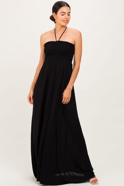 Cameo Black Smocked Halter Maxi Dress