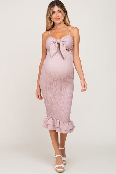 Mable Mauve Gingham Print Smocked Fitted Self-Tie Maternity Midi Dress