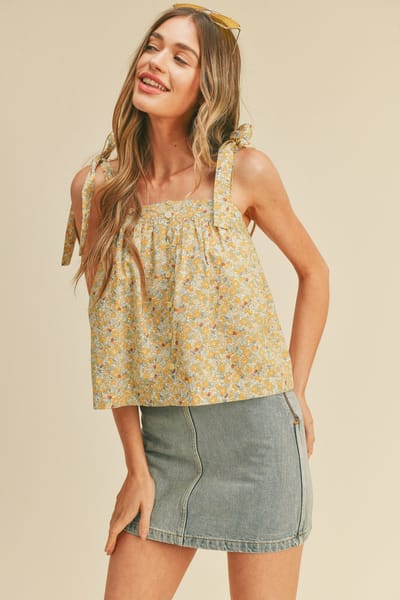 &merci Golden Yellow Floral Floral Button Down Tie Strap Tank