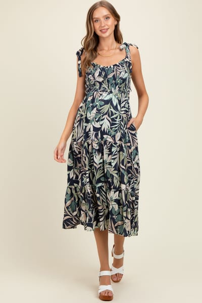 Calista Navy Tropical Print Smocked Shoulder Tie Maternity Midi Dress