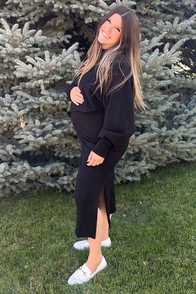 Mimosa Black Knit Long Sleeve Crop Top Maternity Midi Skirt Set