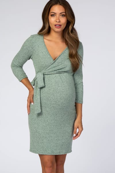 Hello Miz Mint Brushed Knit Wrap Fitted Maternity/Nursing Dress