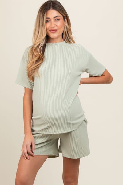 7th Ray Sage Ribbed Short Sleeve Maternity Pajama Set