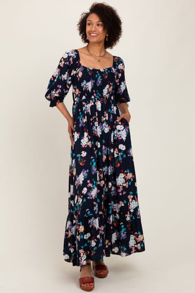 Elloh Navy Floral Sweetheart Puff Sleeve Maxi Dress