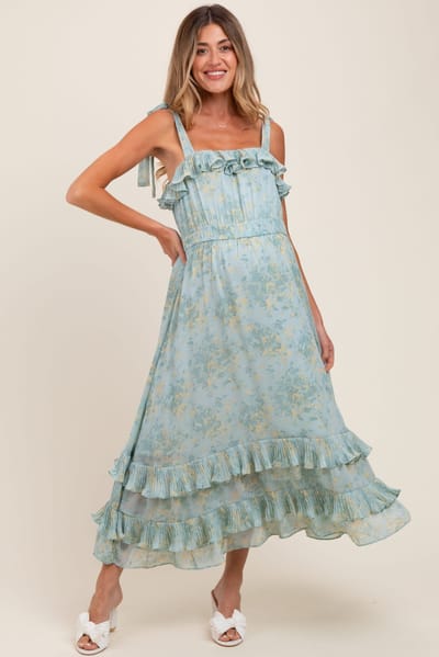 PinkBlush Mint Floral Chiffon Pleated Ruffle Maternity Midi Dress