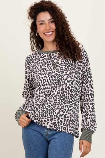 7th Ray Cream Ribbed Animal Print Contrast Trim Pullover