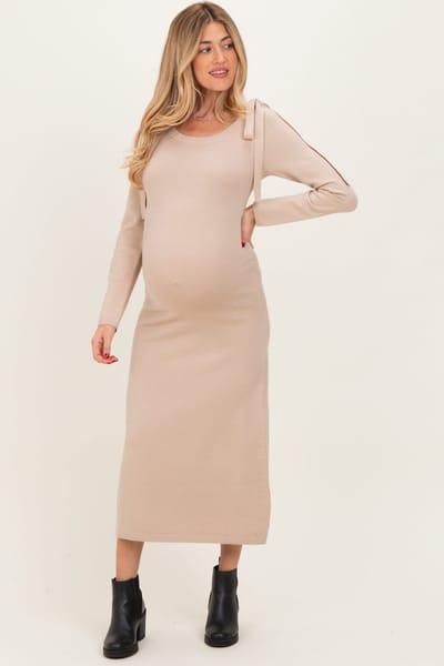PinkBlush Beige Bow Shoulder Maternity Knit Dress